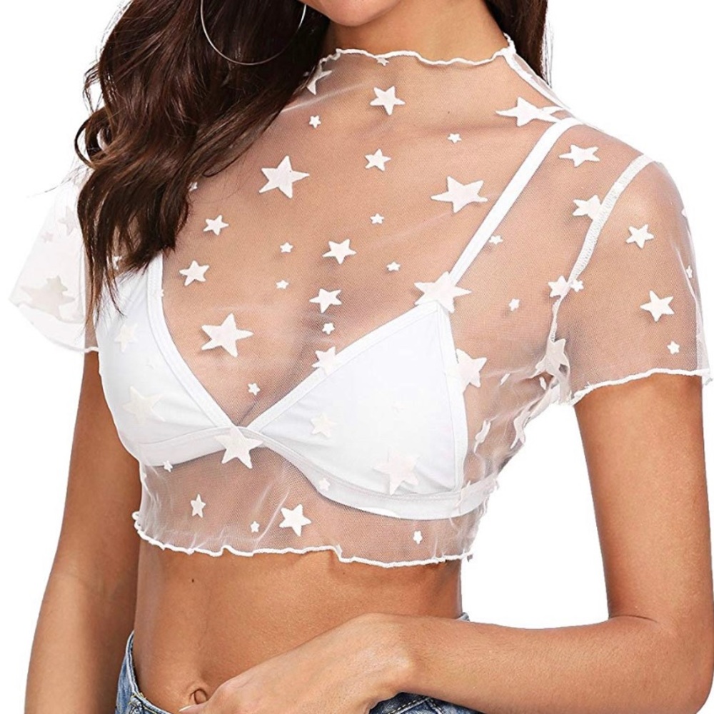 Sheer See Through Mesh Top Star Pattern Blouse - image 1